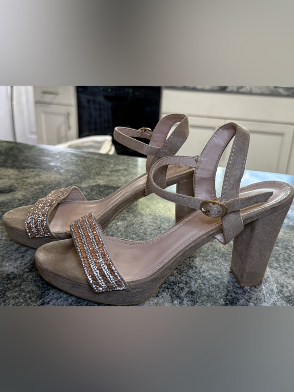 Women's Taupe Suede Block Heel Sandals with rhinestone Accent